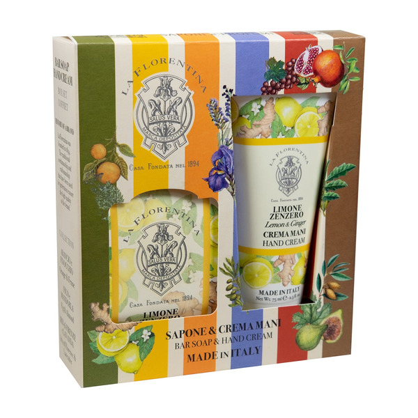 Набор на основе масел ши и оливы с экстрактами Лимона и Имбиря Мыло натуральное 106 г + Крем для рук увлажняющий 75 мл Box Set Bar Soap & Hand Cream Lemon & Ginger, La Florentina 