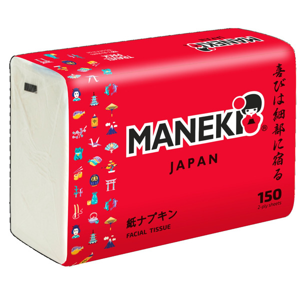 Салфетки бумажные 2 слоя, белые RED, Maneki 150 шт