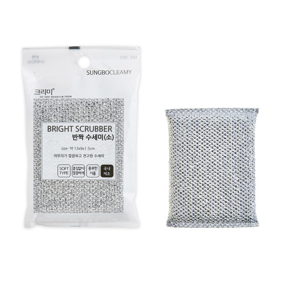 Губка Bright Scrubber для мытья посуды и кухонных поверхностей в серебристой плотной сетке (средней жёсткости) (18 х 14 х 0,9 см), Sung Bo Cleamy 1 шт
