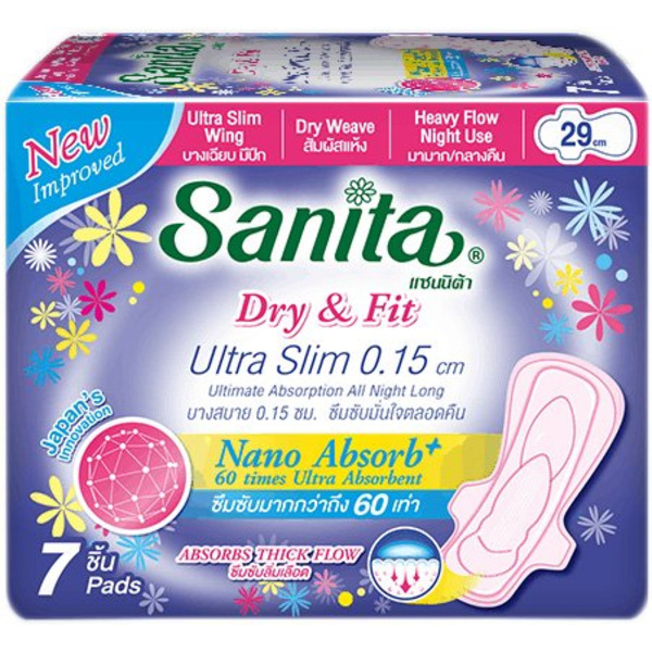 Гигиенические ночные прокладки супервпитывающие ультратонкие Dry & Fit Relax Night Ultra Slim, Sanita, 29 см, 7 шт., 5 капель
