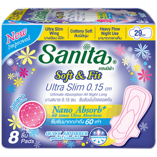 Гигиенические ночные прокладки супервпитывающие ультратонкие Soft & Fit Relax Night Ultra Slim, Sanita, 9 см 8 шт., 5 капель