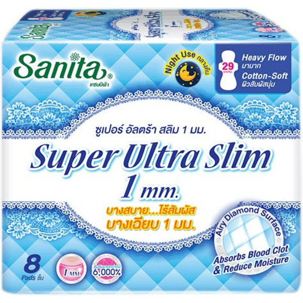 Гигиенические ночные прокладки мягкие ультратонкие супервпитывающие Super Ultra Slim, Sanita, 29 см, 8 шт., 5 капель