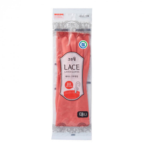 Перчатки из натурального латекса LACE LATEX GLOVES с внутренним покрытием (укороченные, с крючками для сушки) коралловые, размер L, Clean Wrap 1 пара
