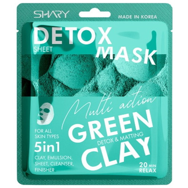 Очищающая тканевая маска-эмульсия для лица 5 в 1 Зеленая глина, Shary 25 г