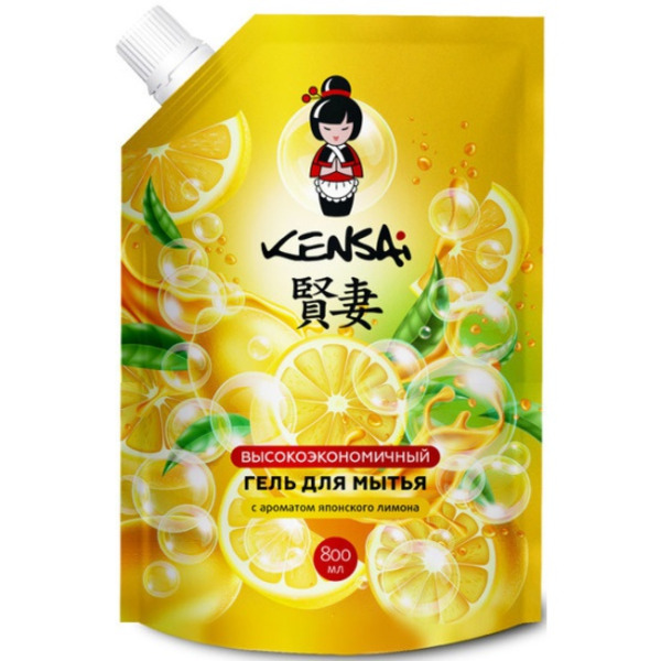 Гель высокоэкономичный для мытья посуды и детских принадлежностей, с ароматом японского лимона, мягкая упаковка, Kensai 800 мл