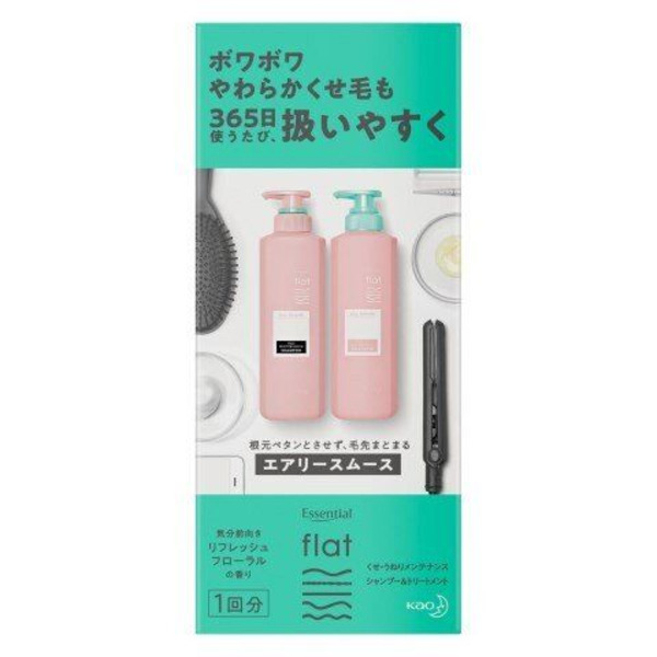 Шампунь + Бальзам для придания гладкости от корней до кончиков мягким и пушистым кучерявым волосам Гладкий шёлк, Essential Flat, Kao 15 мл х 2 шт. (саше)