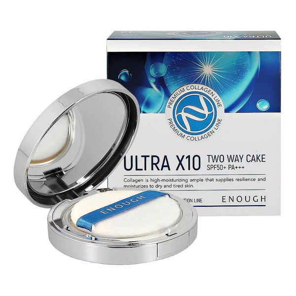 Пудра для лица с коллагеном со сменным блоком PREMIUM ULTRA X10 TWO-WAY CAKE 13 (INCLUDING REFILL), Enough