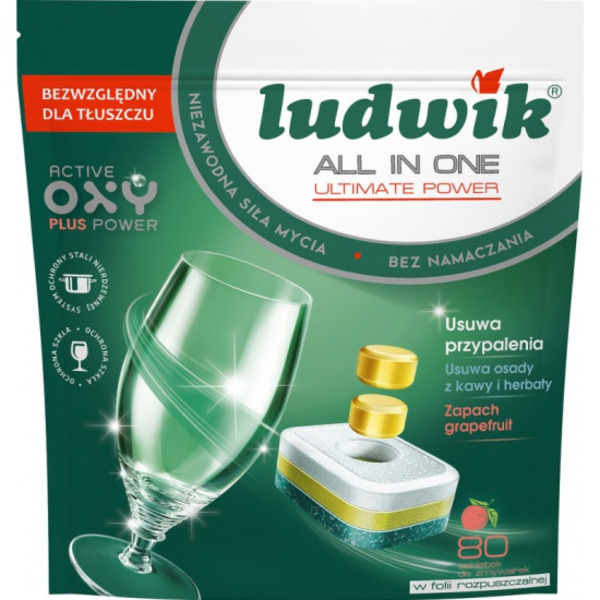 Таблетки для посудомоечных машин в растворимой пленке ALL in one Active Oxy Plus Power Grapefruit, Ludwik, 80 шт.