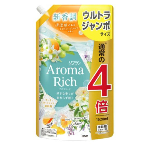 Кондиционер для белья Клэр (формула сохранения неизменного аромата и красоты тканей) Aroma Rich Claire 258, LION, 1520 мл (мягкая упаковка)