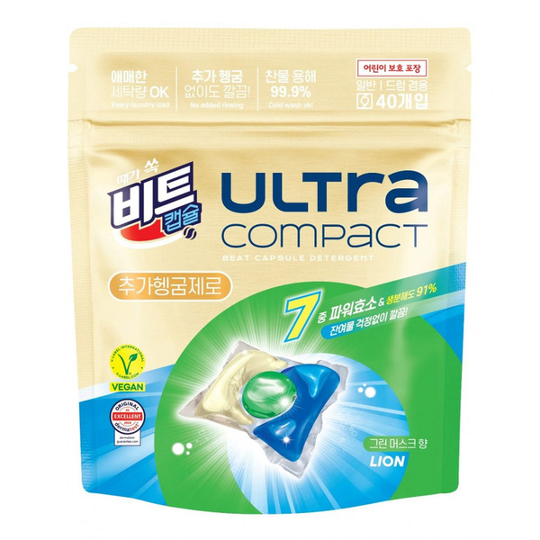 Жидкое средство для стирки  (Лесные травы, быстрая стирка, с кондиционером, капсулы) Ultra Compact No Added Rinsing, Lion, 40 шт. х 8 г