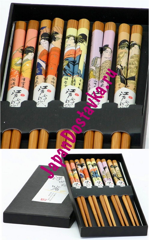 Бамбуковые палочки с мотивами японских гравюр, изображающих гейш  (5 пар в коробке)