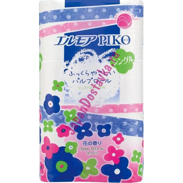 Однослойная туалетная бумага Piko Нежное прикосновение с цветочным ароматом, ELLEMOI (12 рулонов по 50 м)