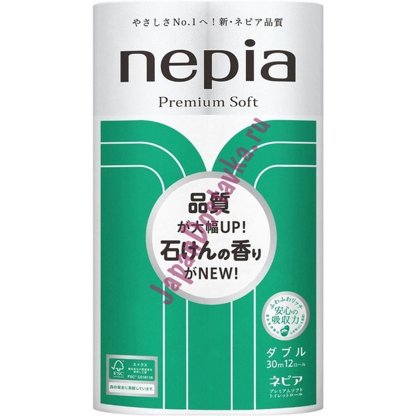 Туалетная бумага двухслойная Premium Soft (аромат мыла), NEPIA (12 рулонов по 30 м)