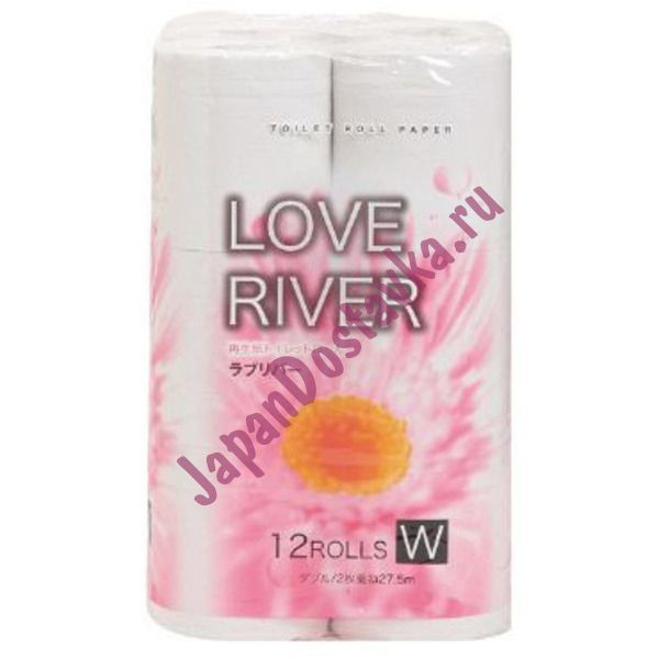 Туалетная бумага, двухслойная, белая Love River, IDESHIGYO (12 рулонов по 27,5 м)