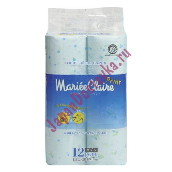 Туалетная бумага двухслойная, голубая с принтом Mariee Claire, IDESHIGYO (12 рулонов по 27,5 м)