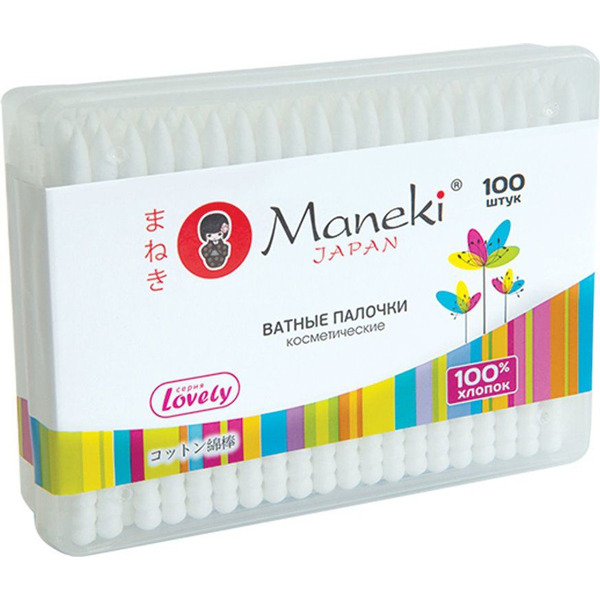 Гигиенические ватные палочки Lovely с белым пластиковым стиком, в пластиковой коробке, MANEKI  100 шт