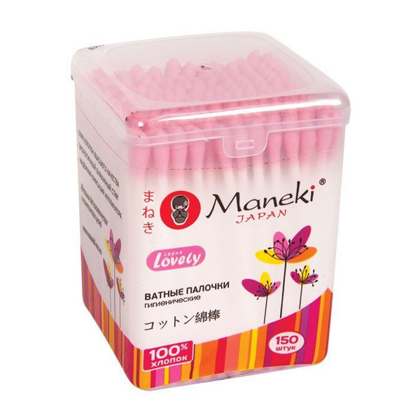 Гигиенические ватные палочки Lovely с розовым стиком и бумажным стержнем, в пластиковой коробке, MANEKI  150 шт
