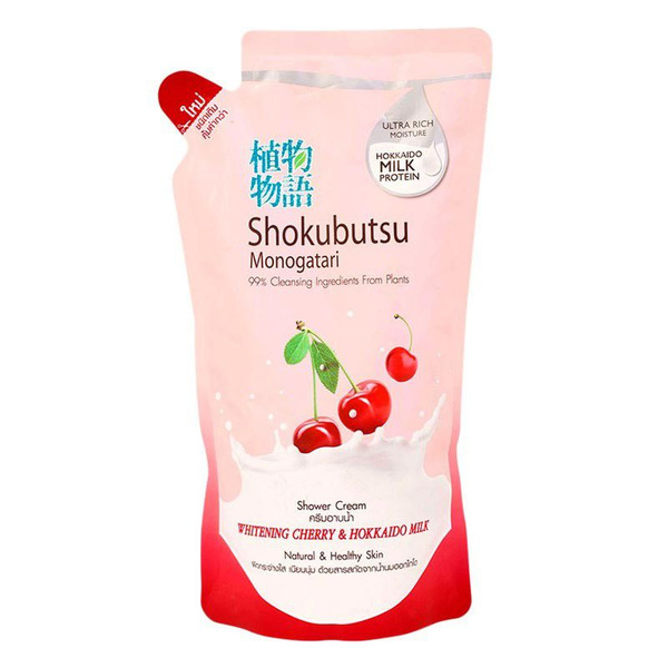 Крем-гель для душа Вишня и Молочко Хоккайдо Shokubutsu Monogatari Whitening Cherry Hokkaido Milk Shower Cream, CJ LION  500 мл (запаска)