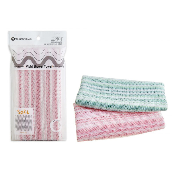 Мочалка для душа Vivid Shower Towel, средней жесткости (90 см х 28 см, в розовую полоску, в зеленую полоску), SUNGBO CLEAMY   1 шт