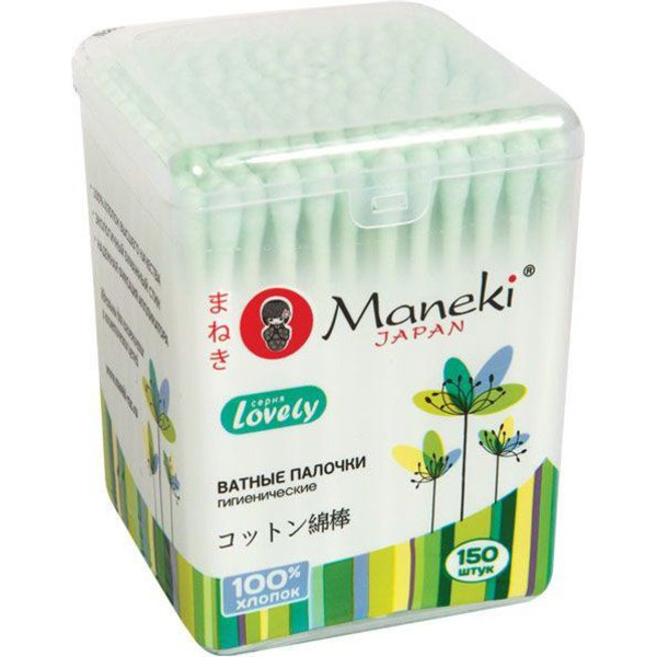 Палочки ватные гигиенические, серия Lovely, с зеленым бумажным стиком, MANEKI  1 упак (150 шт)