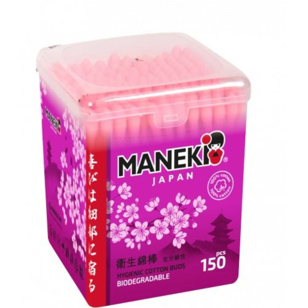 Палочки ватные гигиенические с розовым бумажным стиком, в пластиковой коробке Lovely, Maneki 150 шт