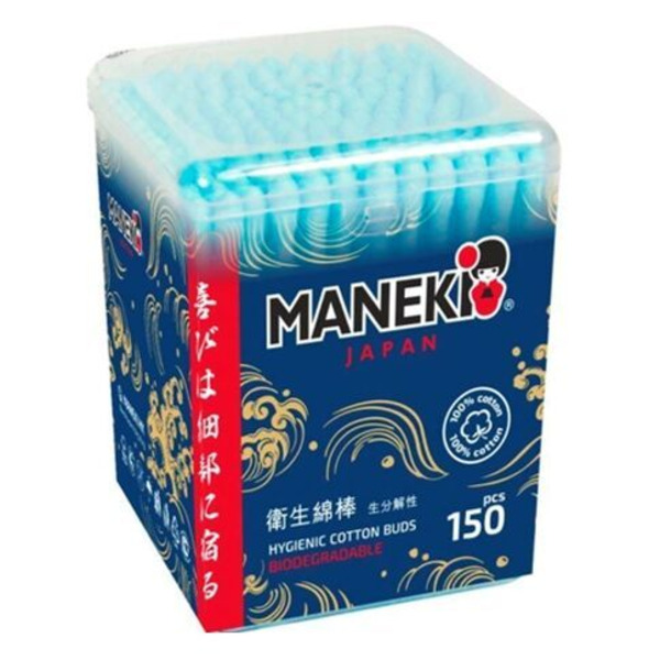 Палочки ватные гигиенические с голубым бумажным стиком, в пластиковой коробке Ocean, Maneki 150 шт