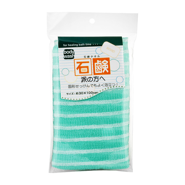 Японская массажная мочалка для тела жесткая, зеленая в белую полоску Body Towel, Motegi 30х100см
