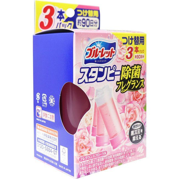 Дезодорирующий очиститель-цветок для туалетов с нежным ароматом роз Bluelet Stampy Floral, KOBAYASHI 28 г х 3 (запасной блок)