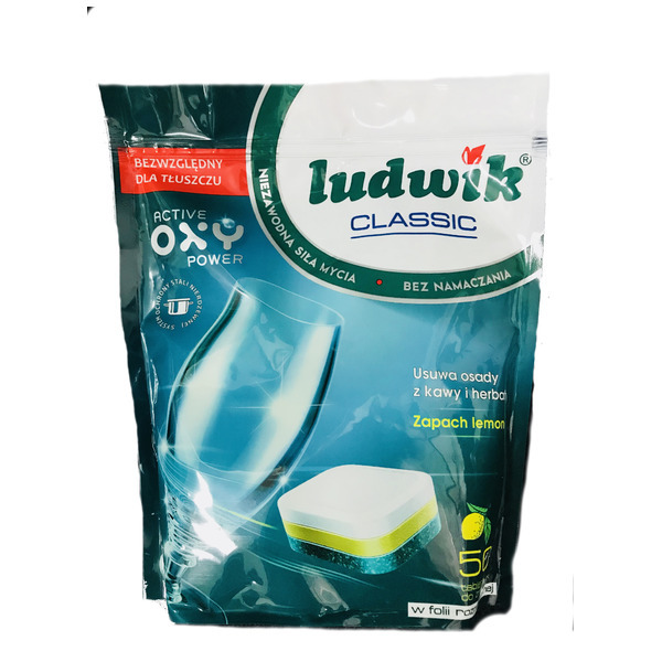Таблетки для посудомоечных машин в растворимой пленке, запах лимона Classic Active Oxy Power, Ludwik 50 шт