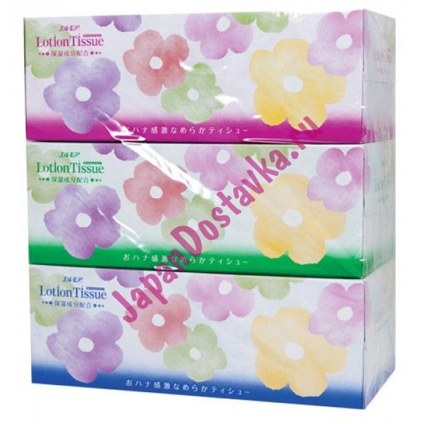 Двухслойные бумажные гигиенические салфетки Lotion Tissue Kami Shodji, ELLEMOI 3 х 200 шт.