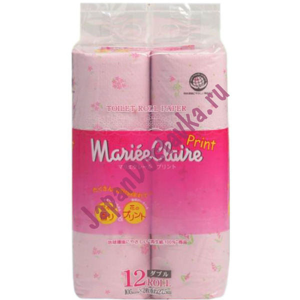 Туалетная бумага двухслойная, розовая с принтом Mariee Claire, IDESHIGYO (12 рулонов по 27,5 м)