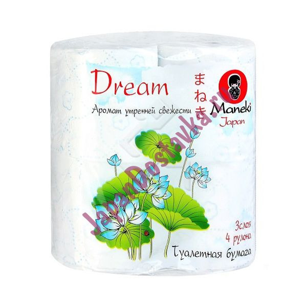 Трехслойная тисненая туалетная бумага с рисунком Dream (с ароматом утренней свежести), MANEKI  (4 рулона по 23 метра)